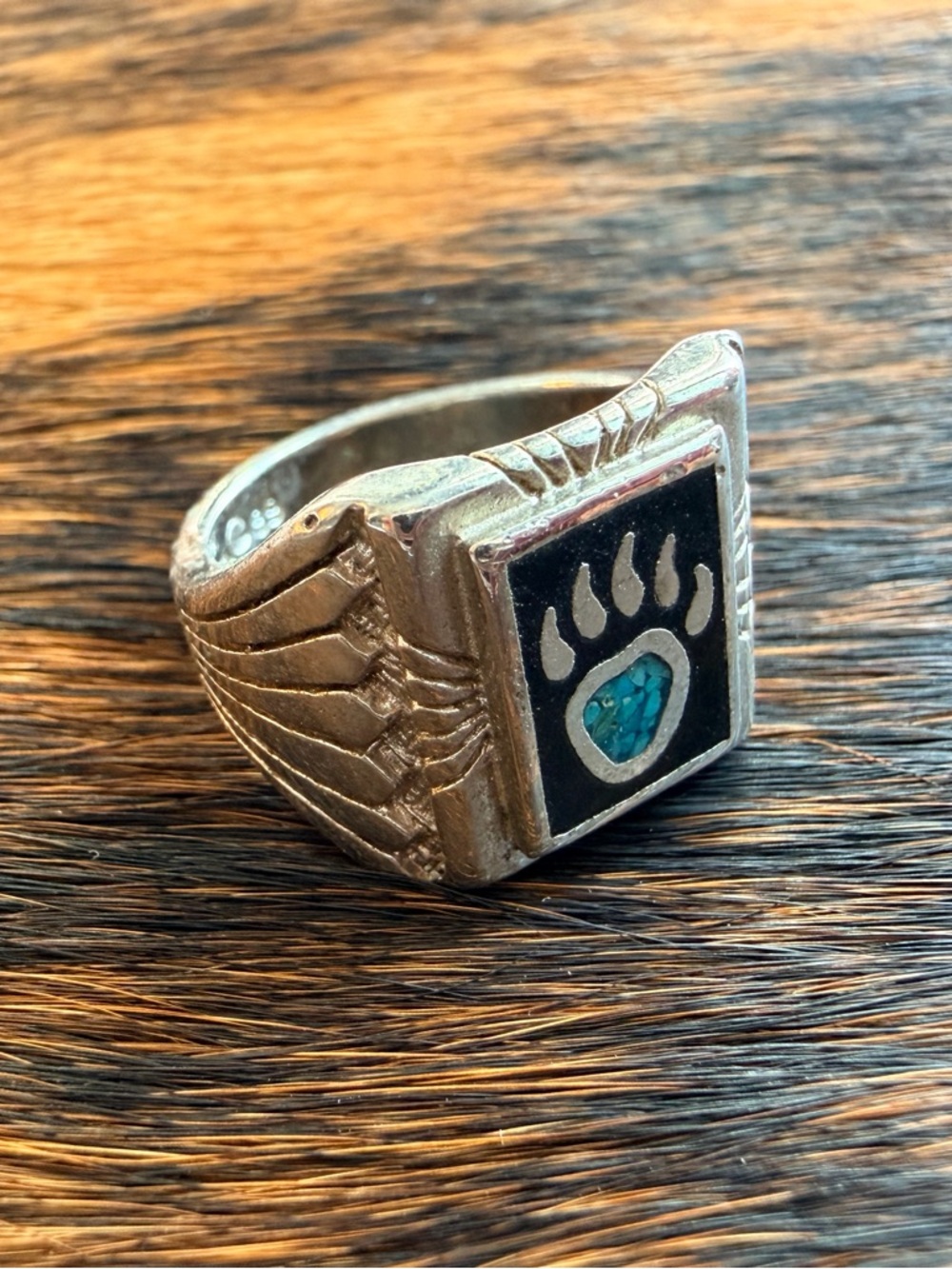 Southwestern Bear Paw Ring 925 Sterling Silver | Turquoise Inlay | Size 7.5